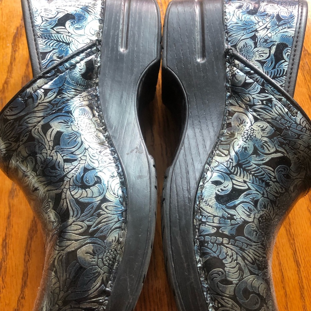 Dansko Metallic Blue Floral Mules